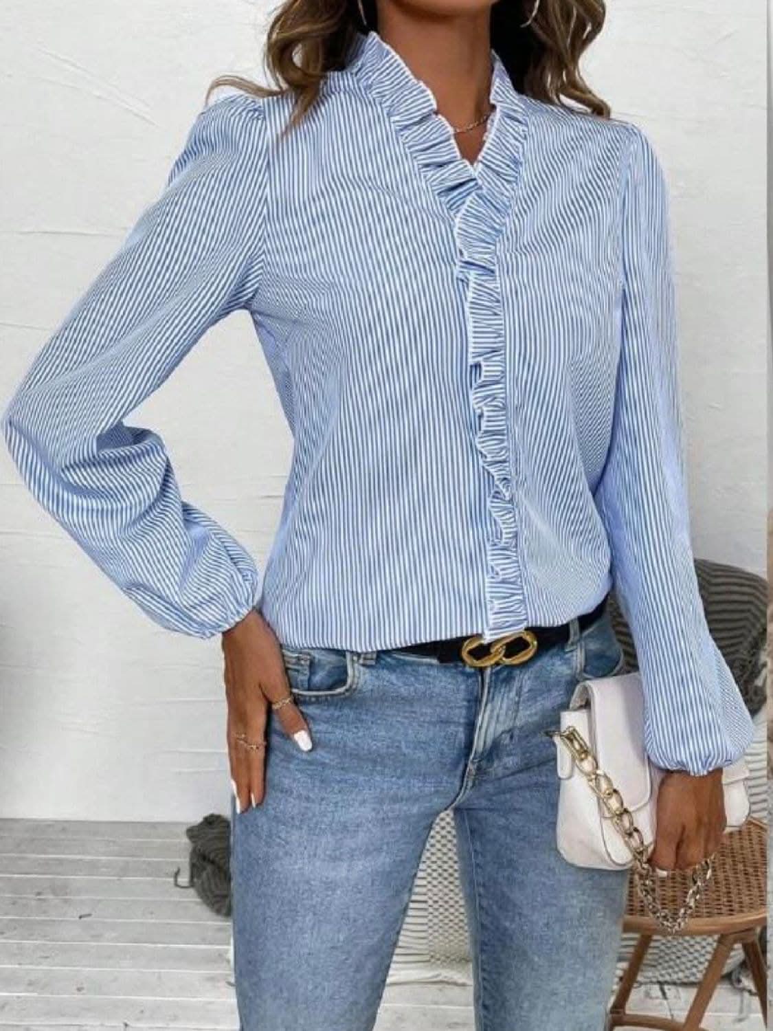 Frilly striped v-neck blouse - Love Salve